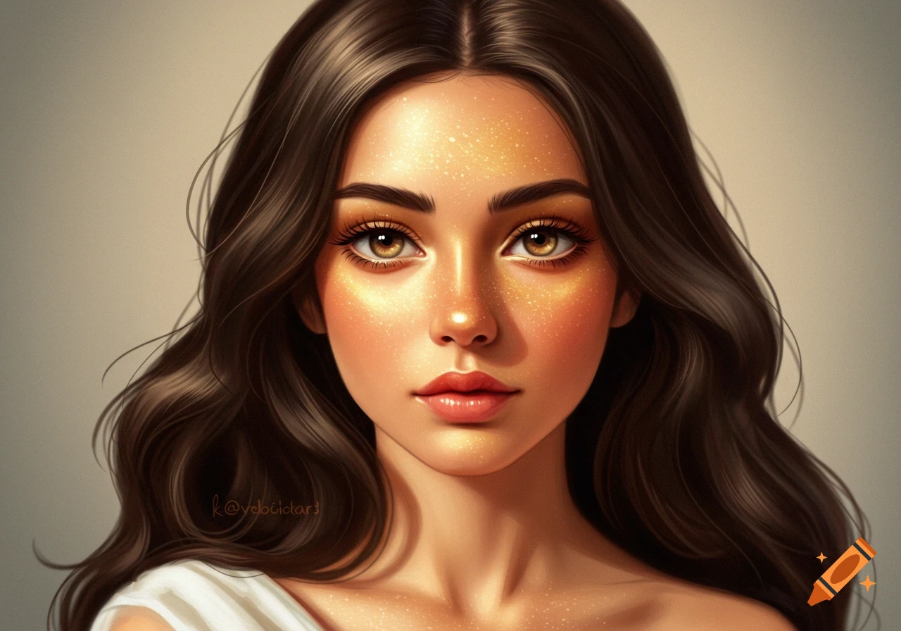 Close-up digital art portrait of a woman with dark hair and gold ...