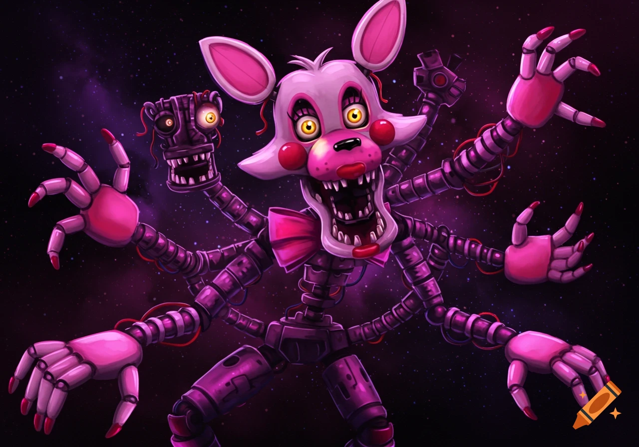 Digital illustration of Mangle, the animatronic from Five Nights at Freddy's, with multiple limbs and heads against a starry purple background.