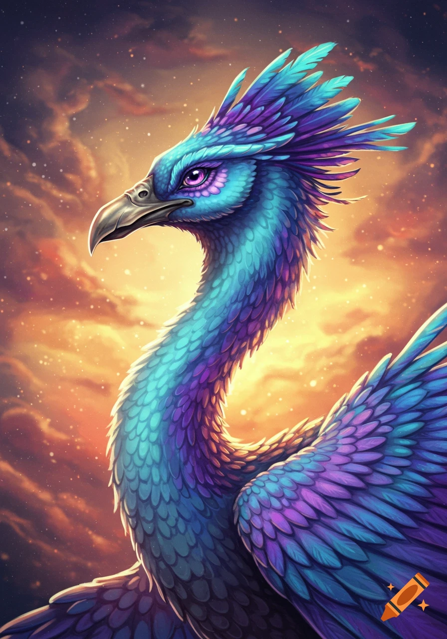 Mythical bird with blue and purple feathers against a fiery sunset sky