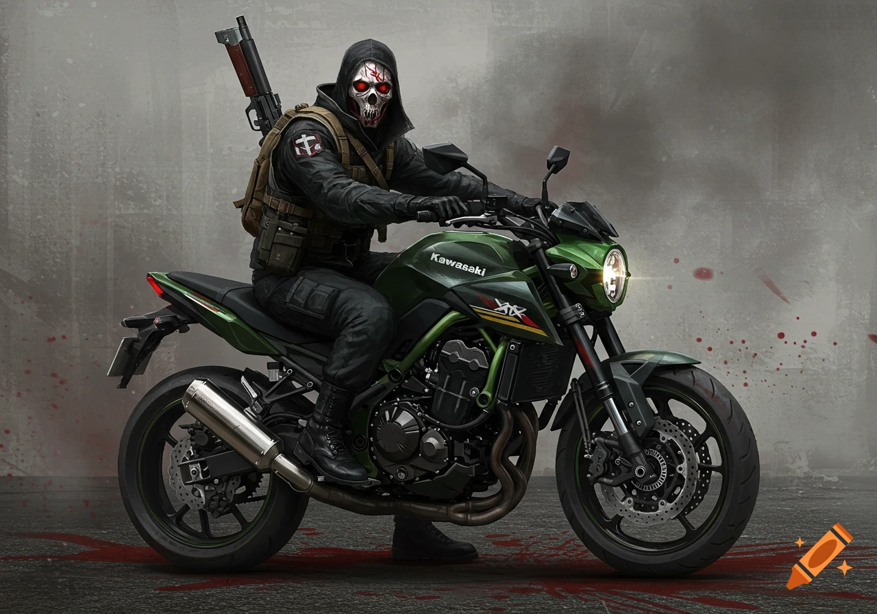 Figure with skull mask on green Kawasaki motorcycle, digital illustration.