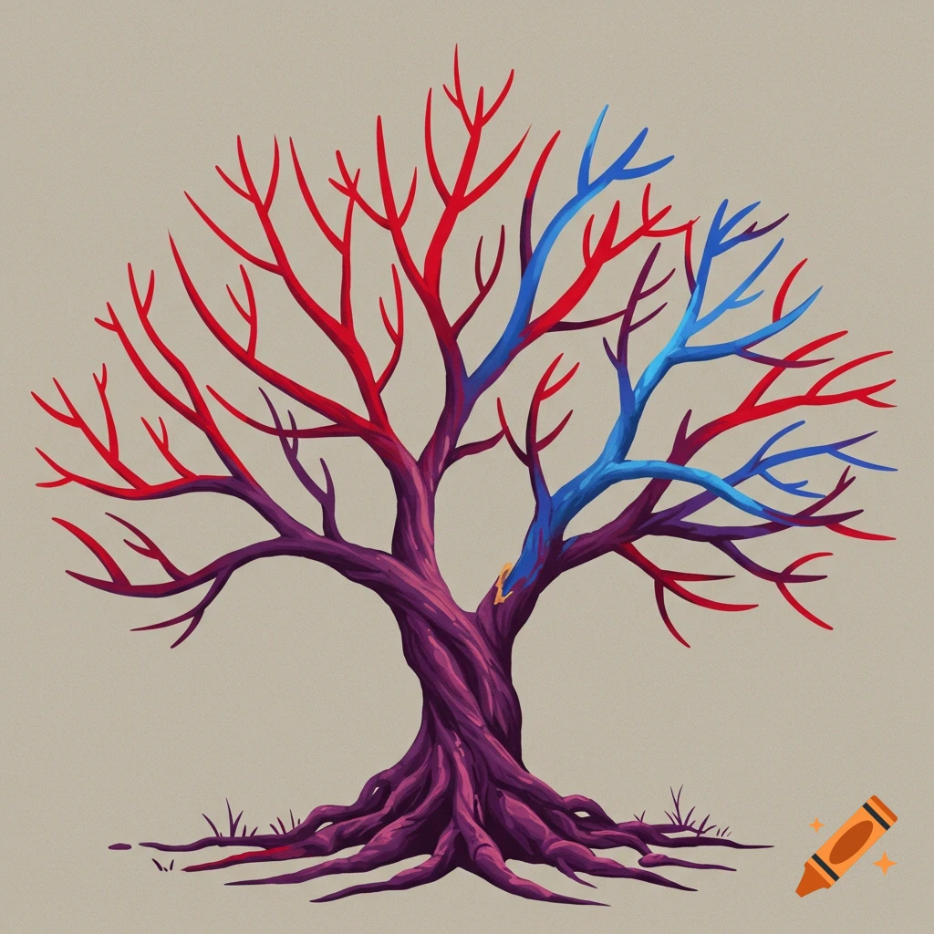 Stylized illustration of a tree with a purple trunk and roots, mostly red branches, and one section of blue branches.