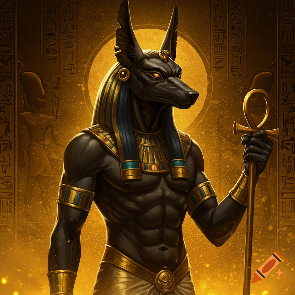 Egyptian god Anubis holding an Ankh against a gold background with hieroglyphs.