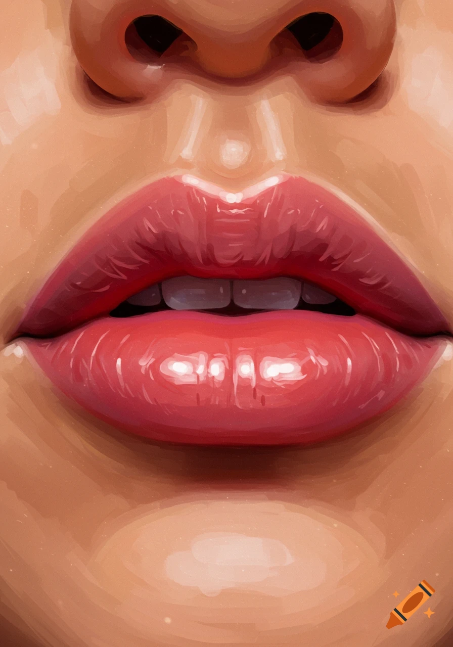 Close-up digital painting of glossy pink lips and nose.
