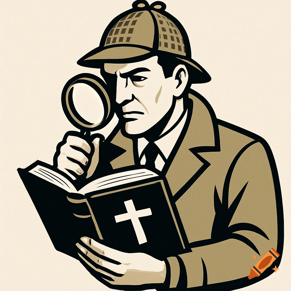 Illustration of a detective in a trench coat and hat, holding a magnifying glass and reading a book with a cross on the cover.