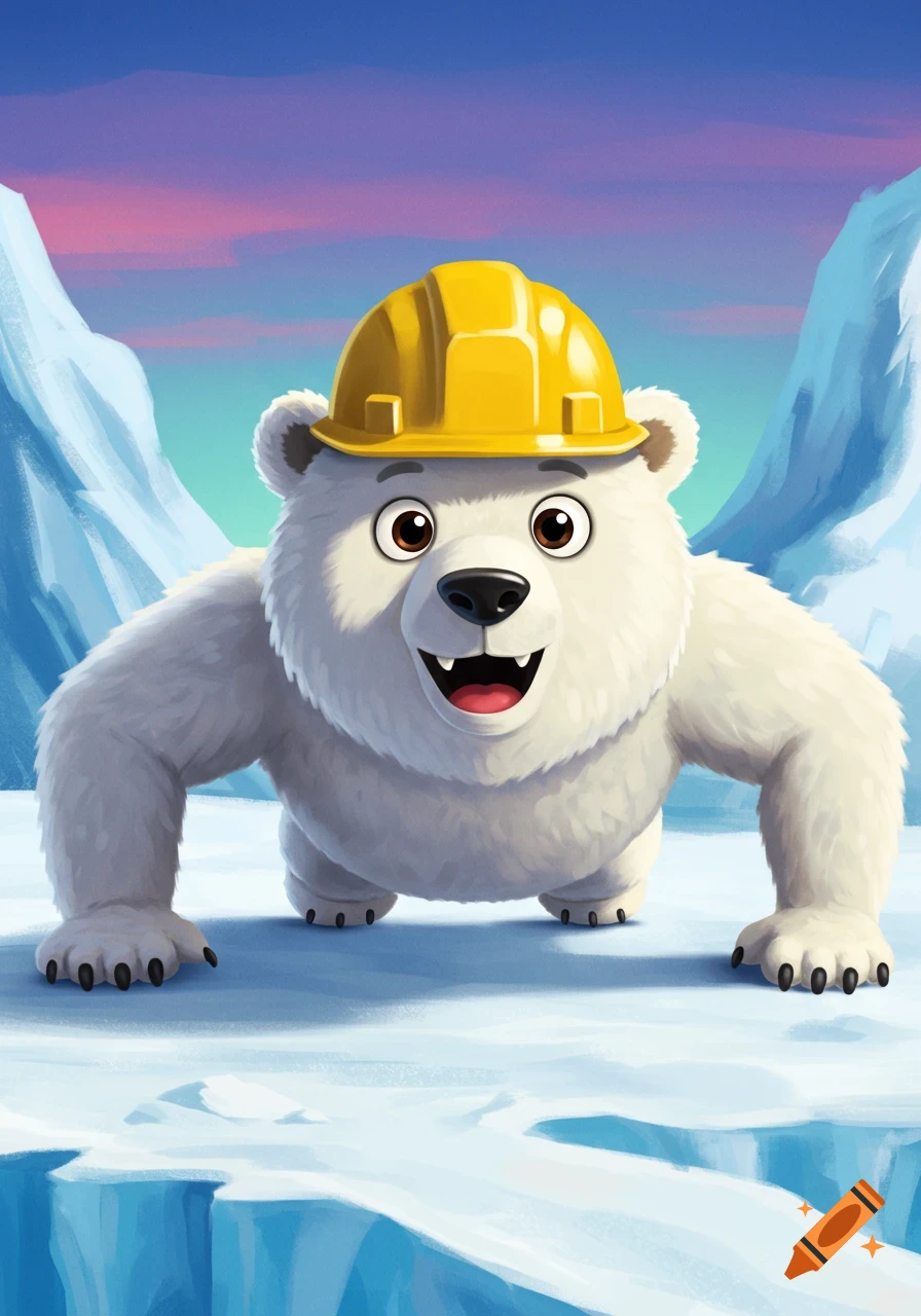 An animated cartoon polar bear wearing a yellow construction helmet does push-ups in a snowy arctic landscape.