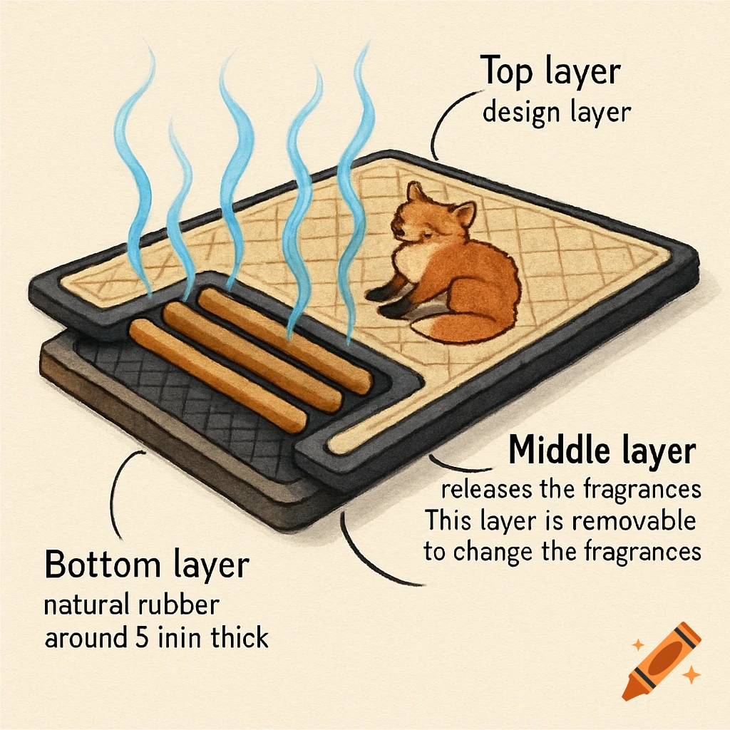 Illustration of a layered mat with labels for Top, Middle, and Bottom layers, showing a fox design on the top layer.