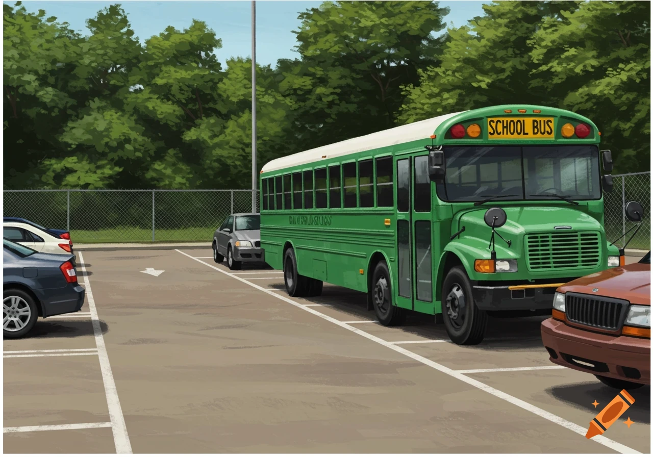 Illustration of a green school bus parked in a parking lot with other cars.