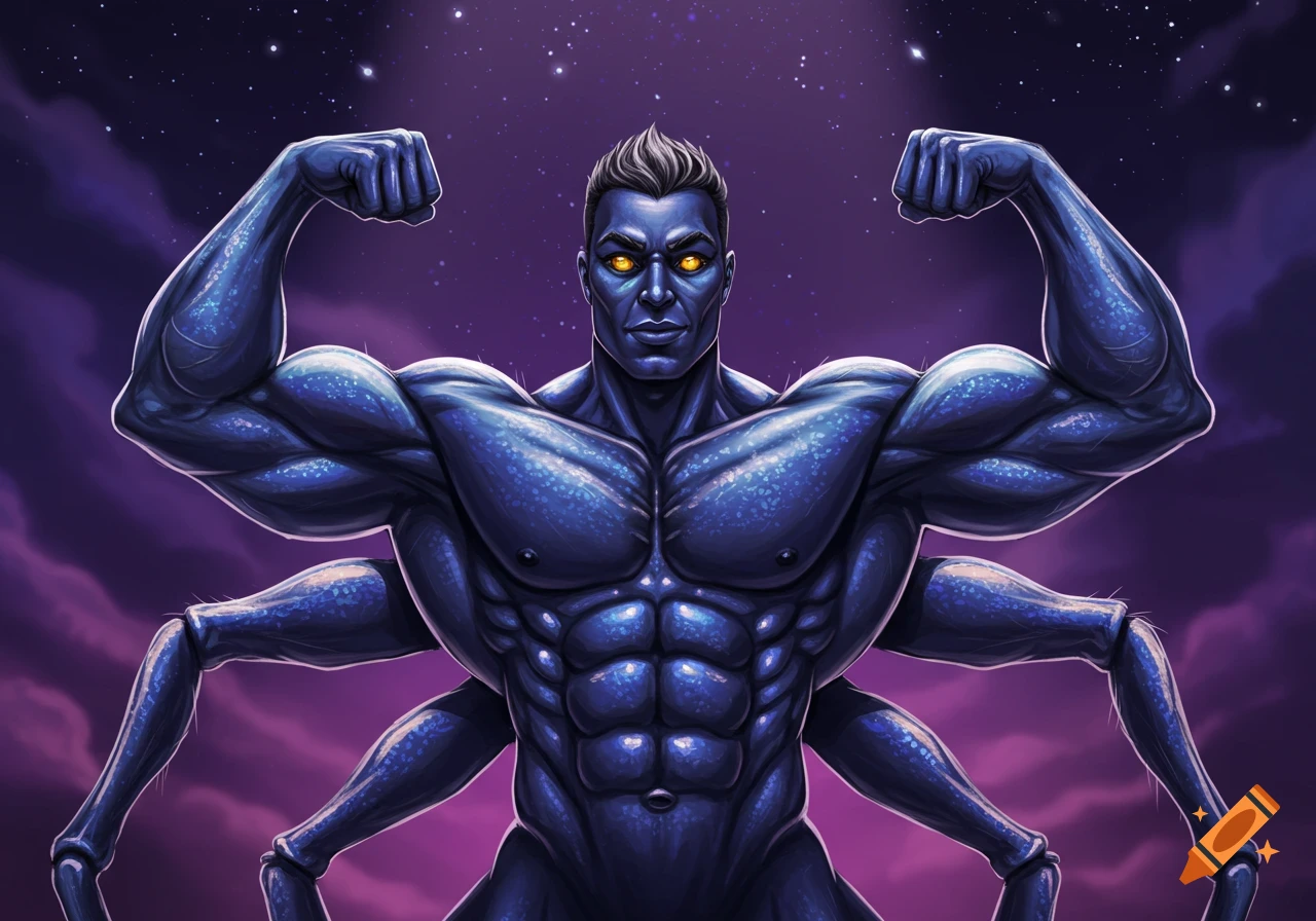 Muscular blue human-spider hybrid flexing in space