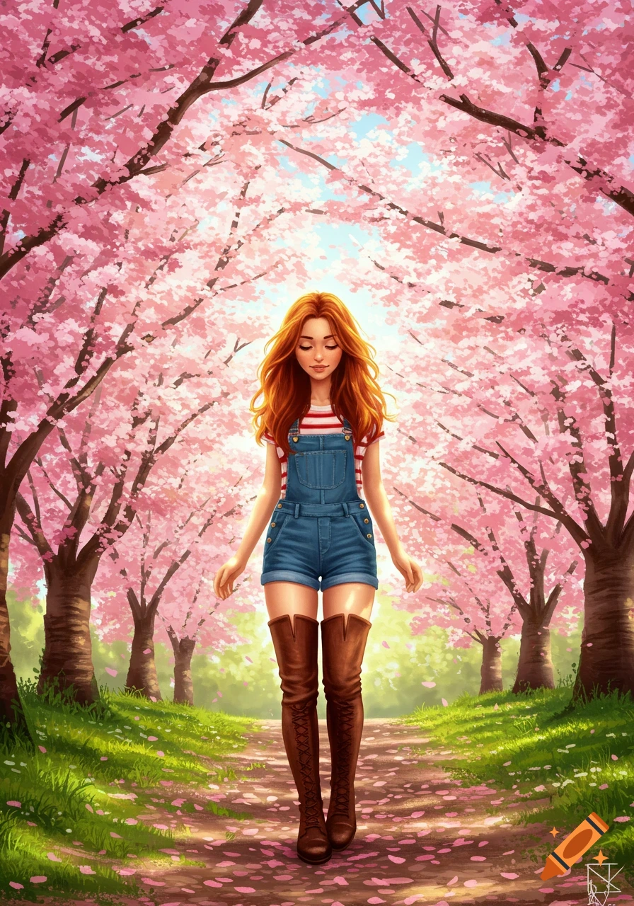 Digital painting of a red-haired woman walking under cherry blossoms in a grove