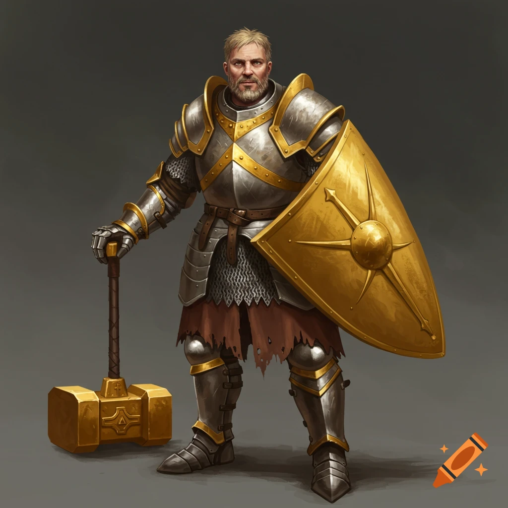 A heavily armored knight with gold trim holds a large gold warhammer and shield.
