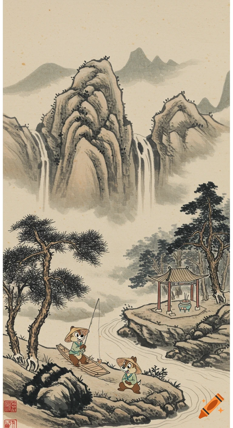 Chip and Dale in a traditional Chinese ink painting landscape with mountains, waterfall, river; Chip fishes from a boat, Dale meditates.