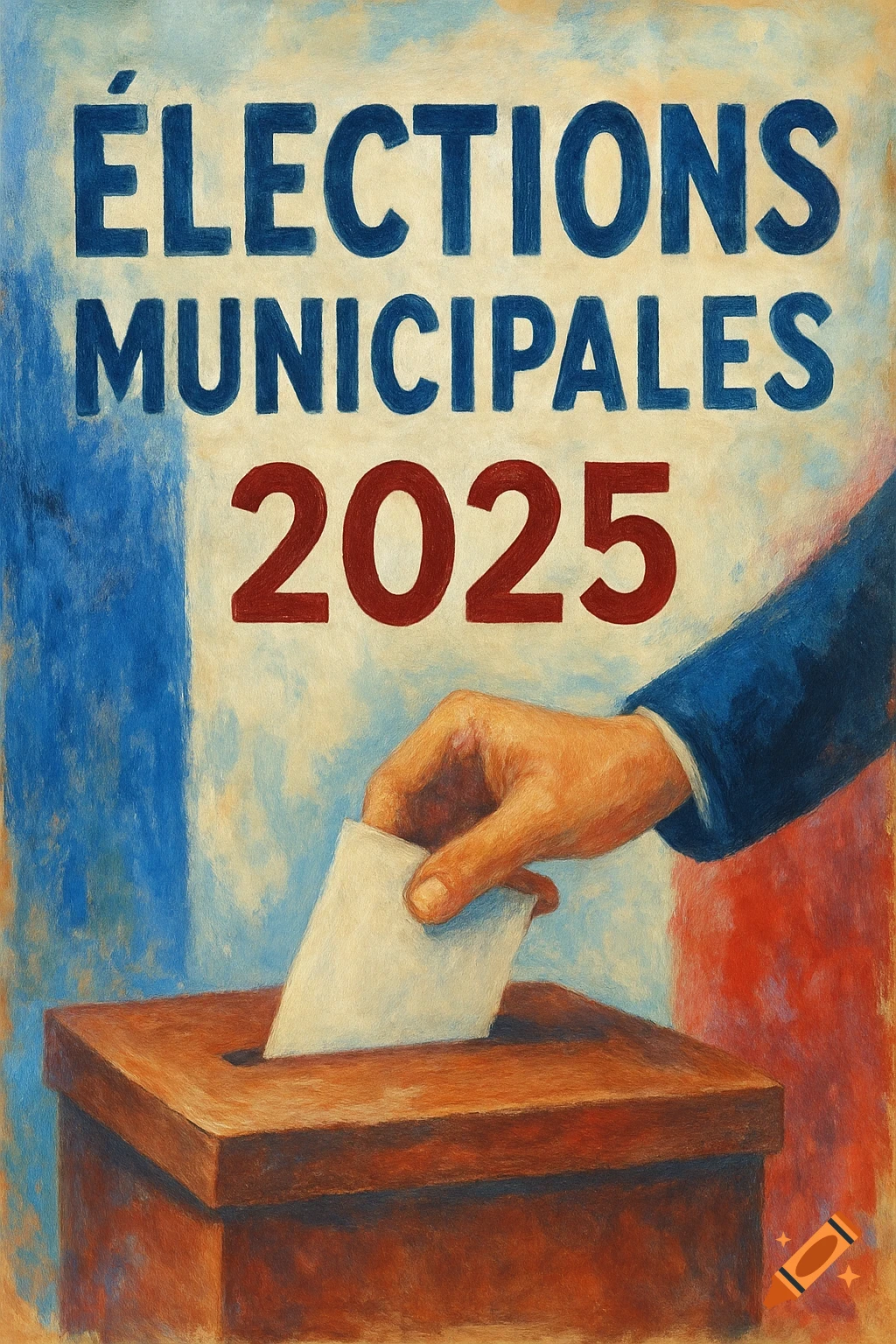 Hand casting a ballot into a box before a French flag backdrop with 'Élections Municipales 2025' text. Painted style.