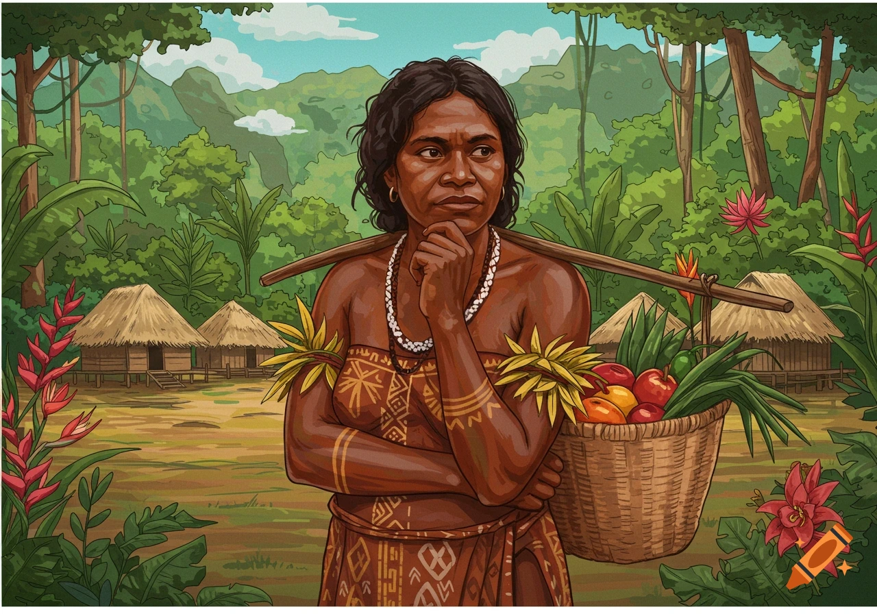 Illustration of a woman carrying fruit in a tropical village with huts and jungle.