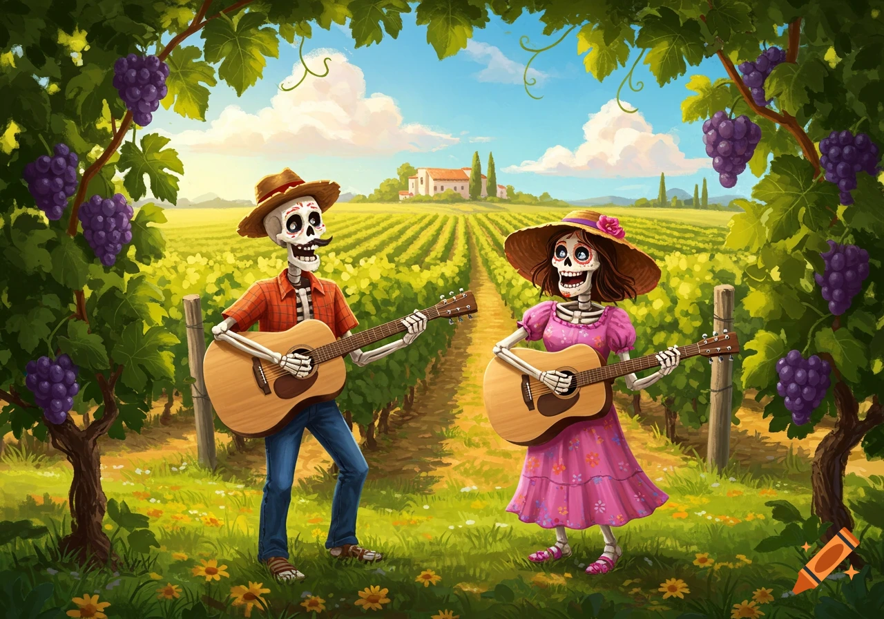 Two happy skeletons playing guitars in a sunny vineyard. Stylized illustration.