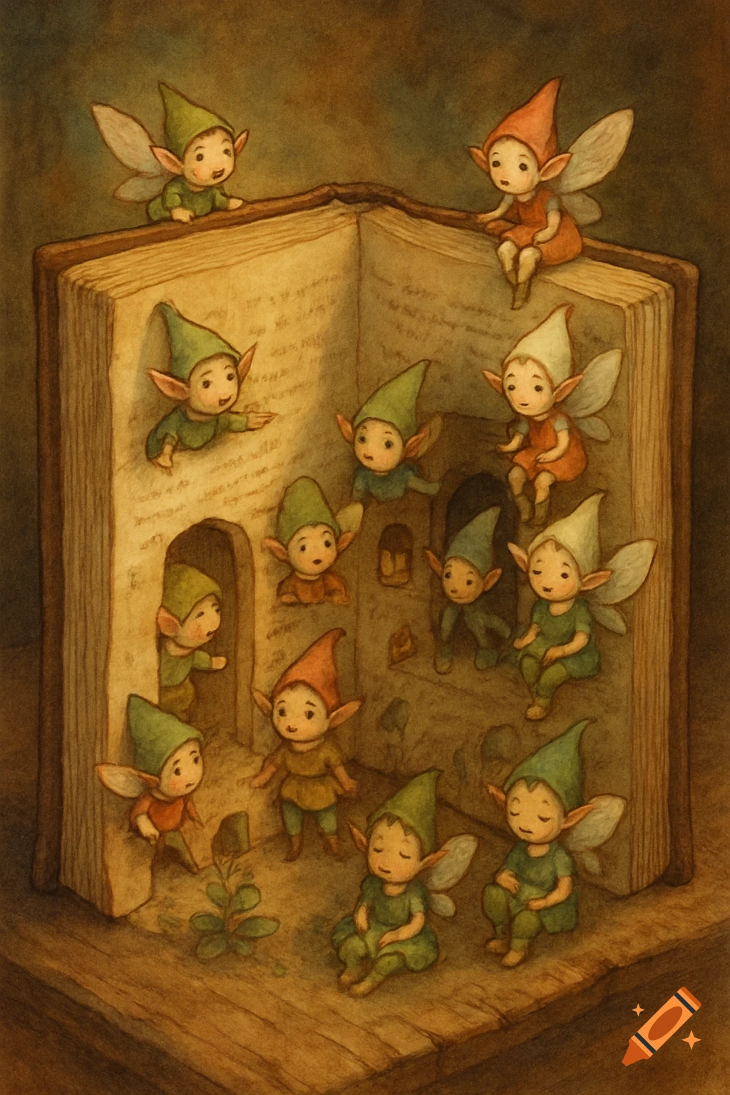 Illustration of many small elves or fairies living inside an open book. The pages resemble a dwelling.