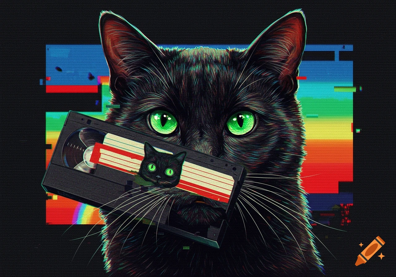 Black cat with green eyes holding a VHS tape, with colorful glitch art background. Digital art.