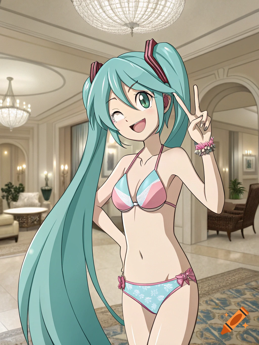 Anime drawing of Hatsune Miku in a pink and blue bikini winking and making a peace sign in a luxurious room.