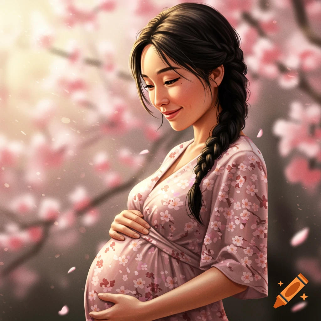 A pregnant Asian woman in a floral dress standing among cherry blossoms.