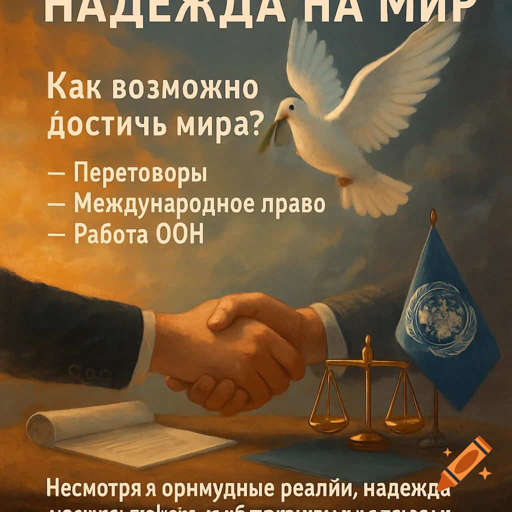 A painting of a handshake over a table with scales of justice, a UN flag, a dove, and text about peace.