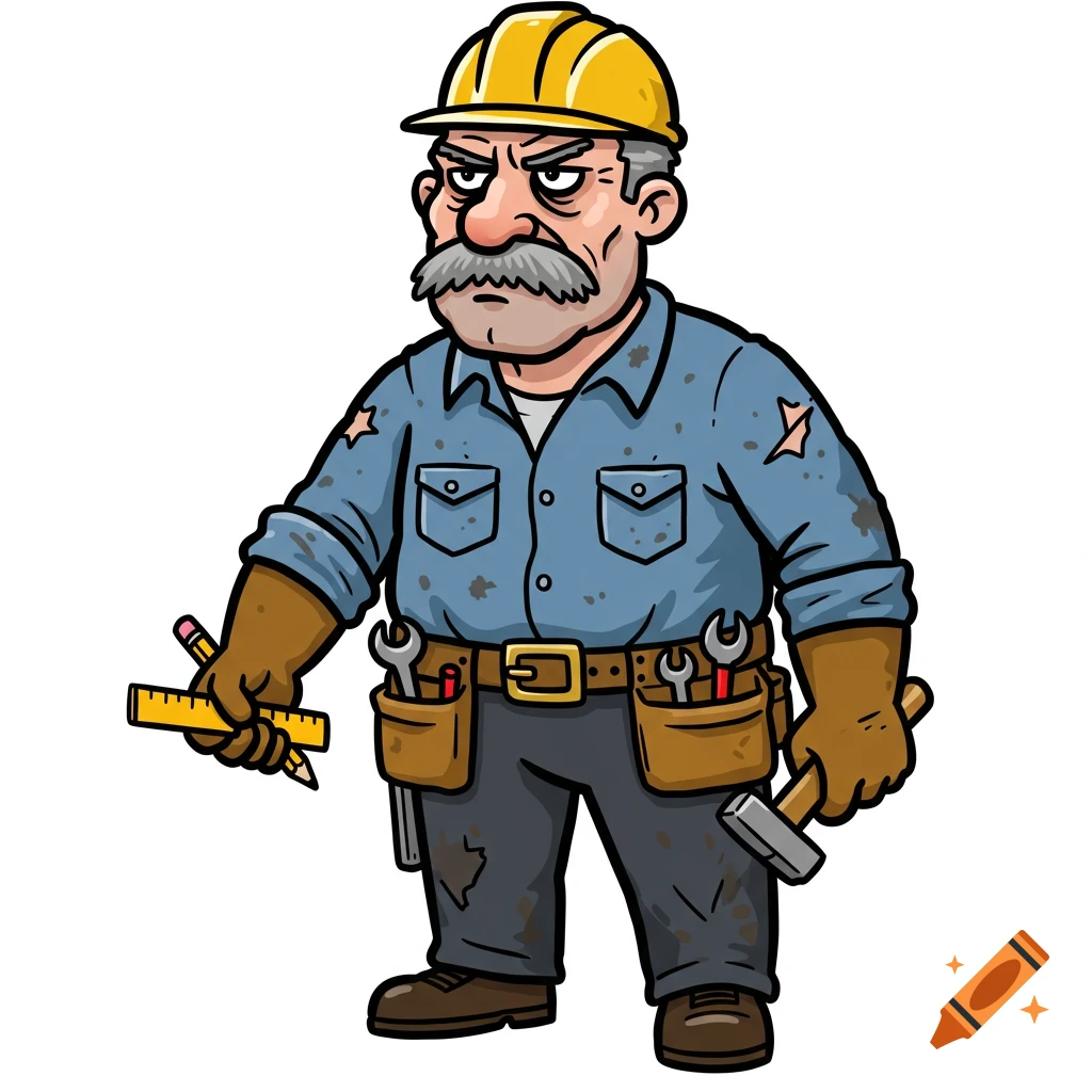 A grumpy cartoon builder with tools and a hard hat.