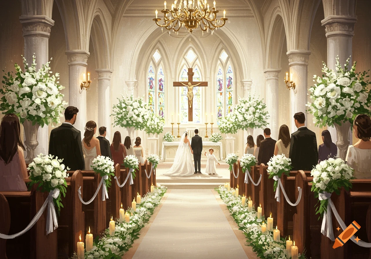 Wedding ceremony inside a church with a couple at the altar, guests in the pews, white flowers, and candles.