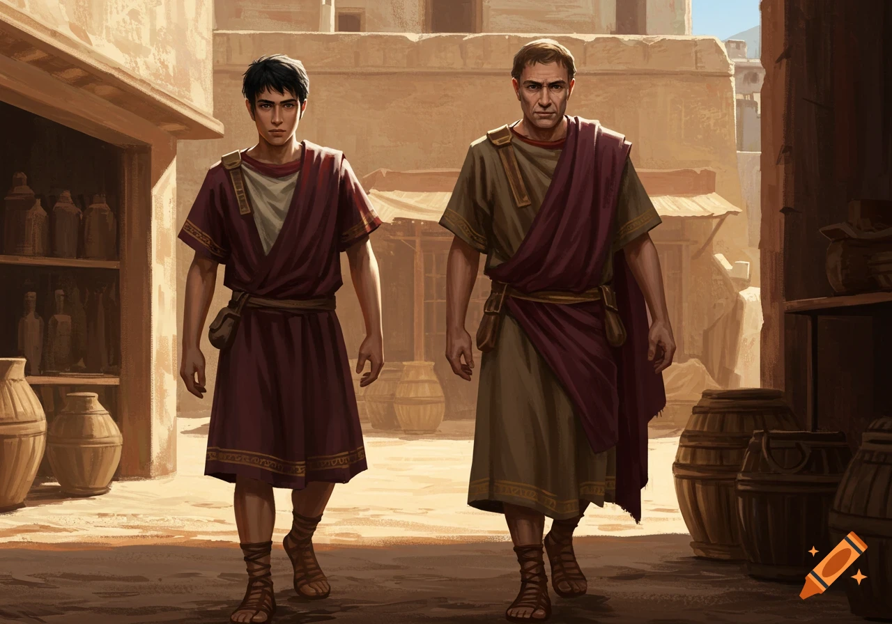 Two Roman men walking into a shop.