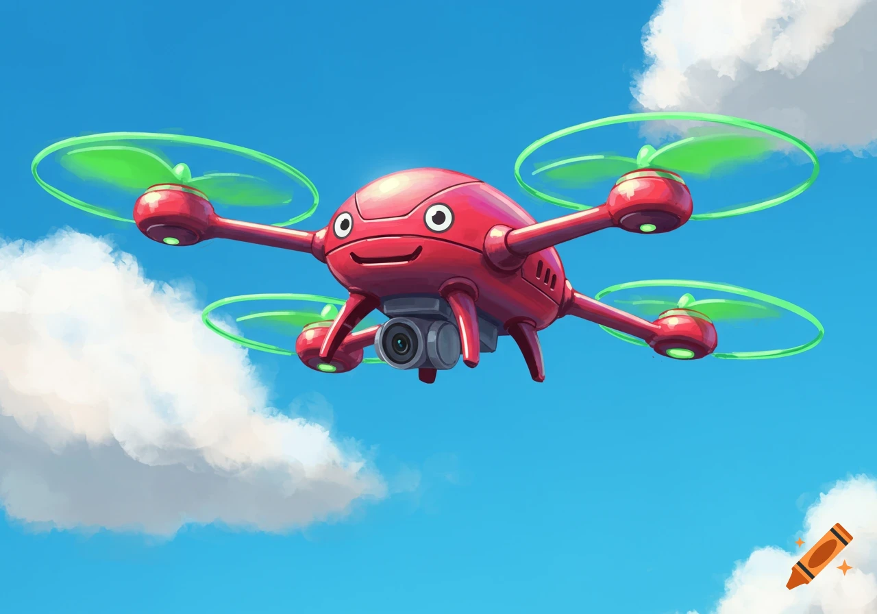 A red cartoon toy drone with a face flies in a blue sky with clouds.