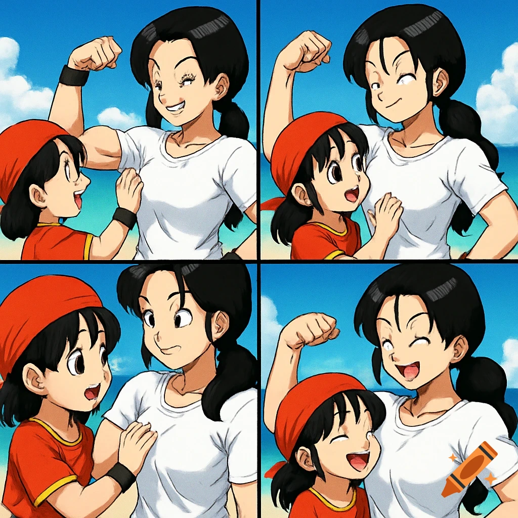 Multiple anime panels show a woman flexing her bicep for a young girl at the beach.