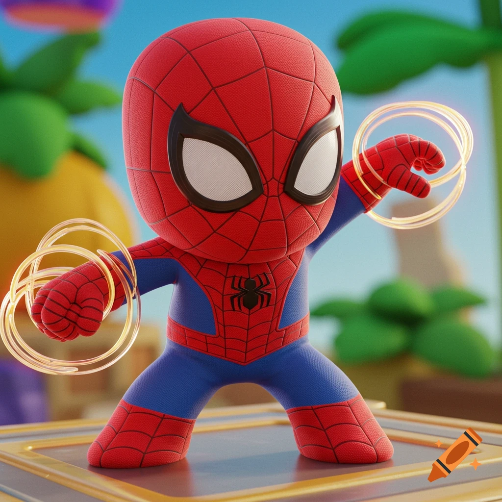Cute stylized 3D Spider-Man figure casting energy rings in a bright outdoor setting.