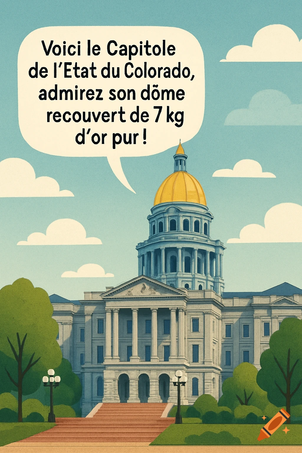 Illustration of the Colorado State Capitol with a gold dome and a speech bubble containing French text.