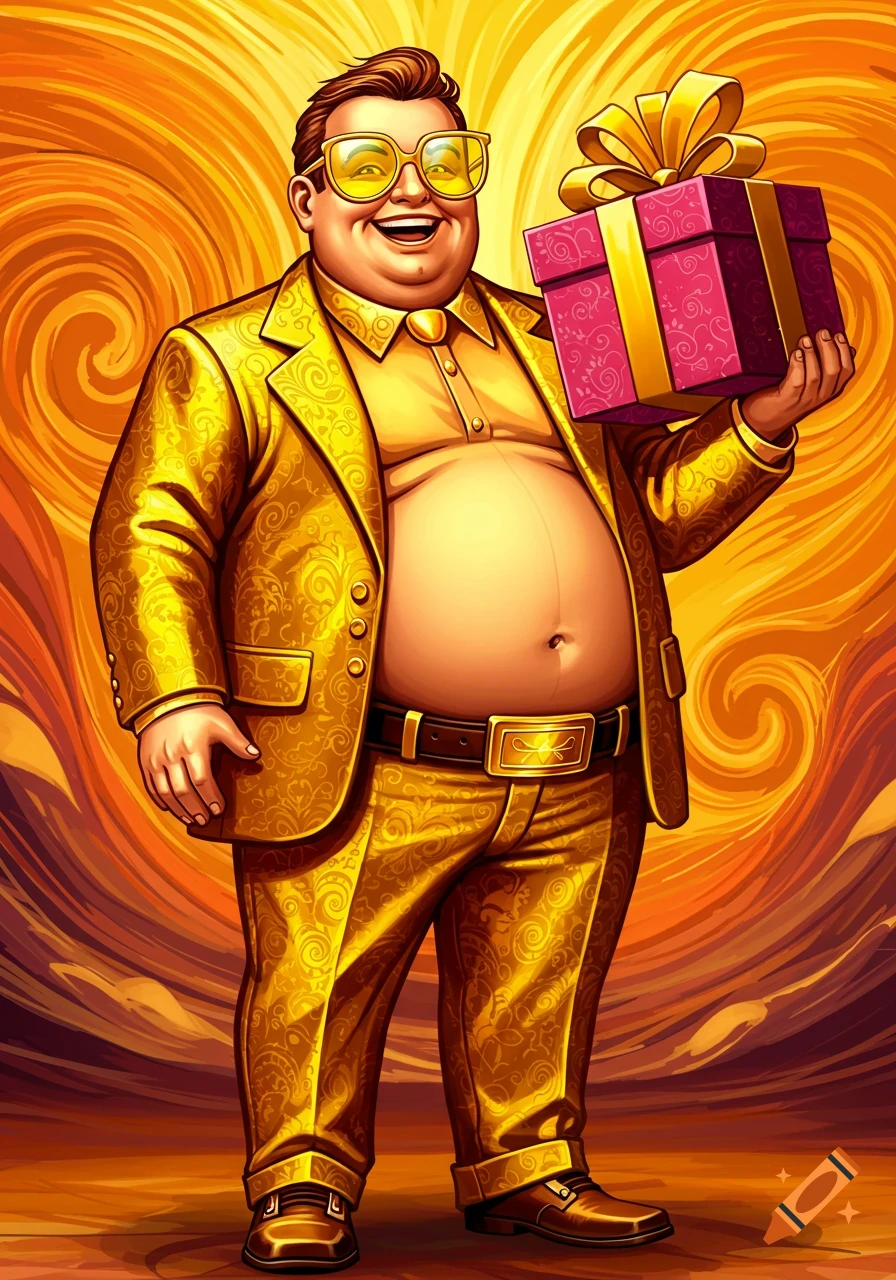 A man in a gold suit and yellow sunglasses holds a pink gift.