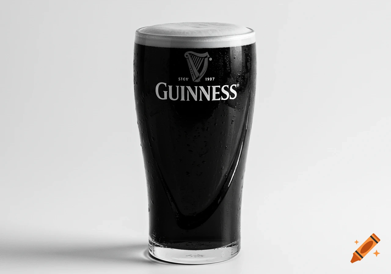 A black and white photorealistic image of a glass of Guinness beer with condensation.