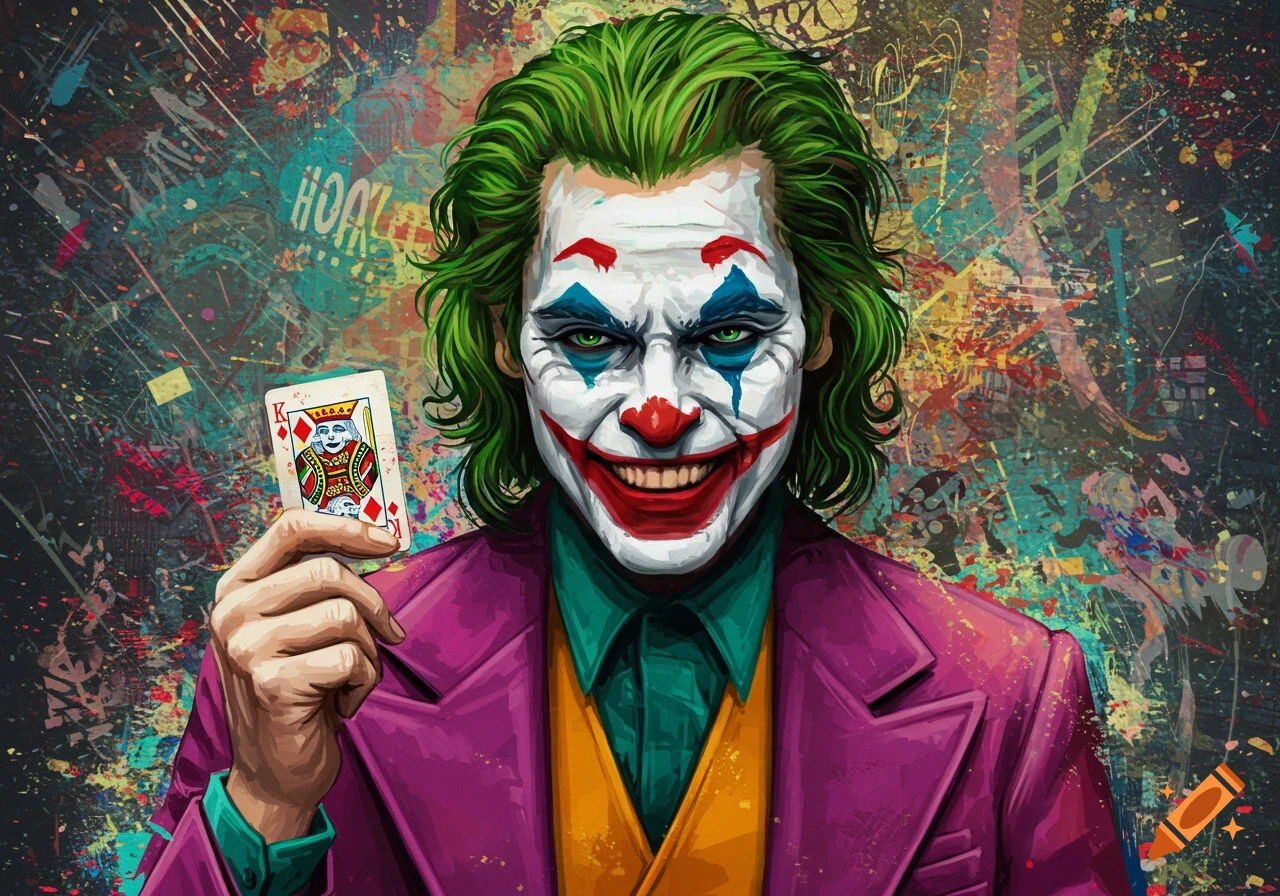 Joker character portrait holding a king card against a colorful graffiti background.
