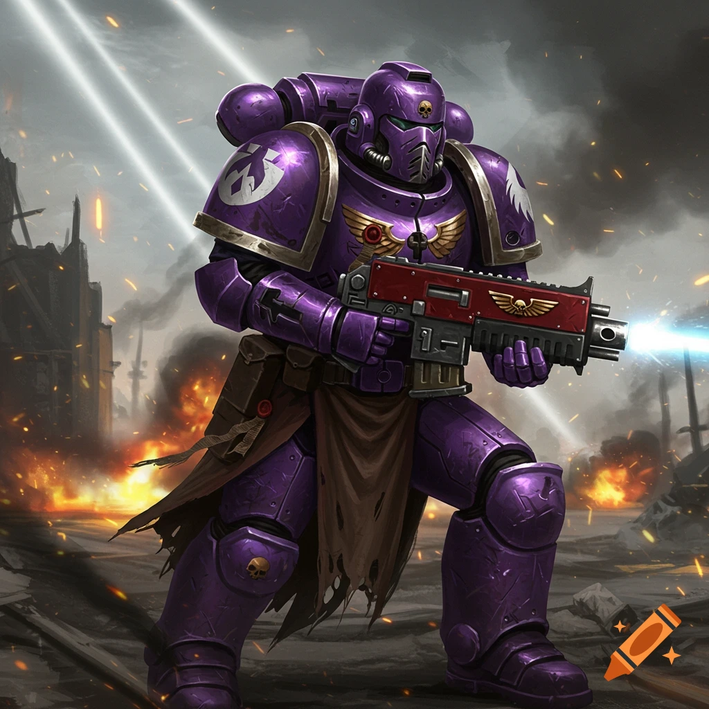 A heavily armored soldier in purple armor holds a gun in a ruined city with flames.