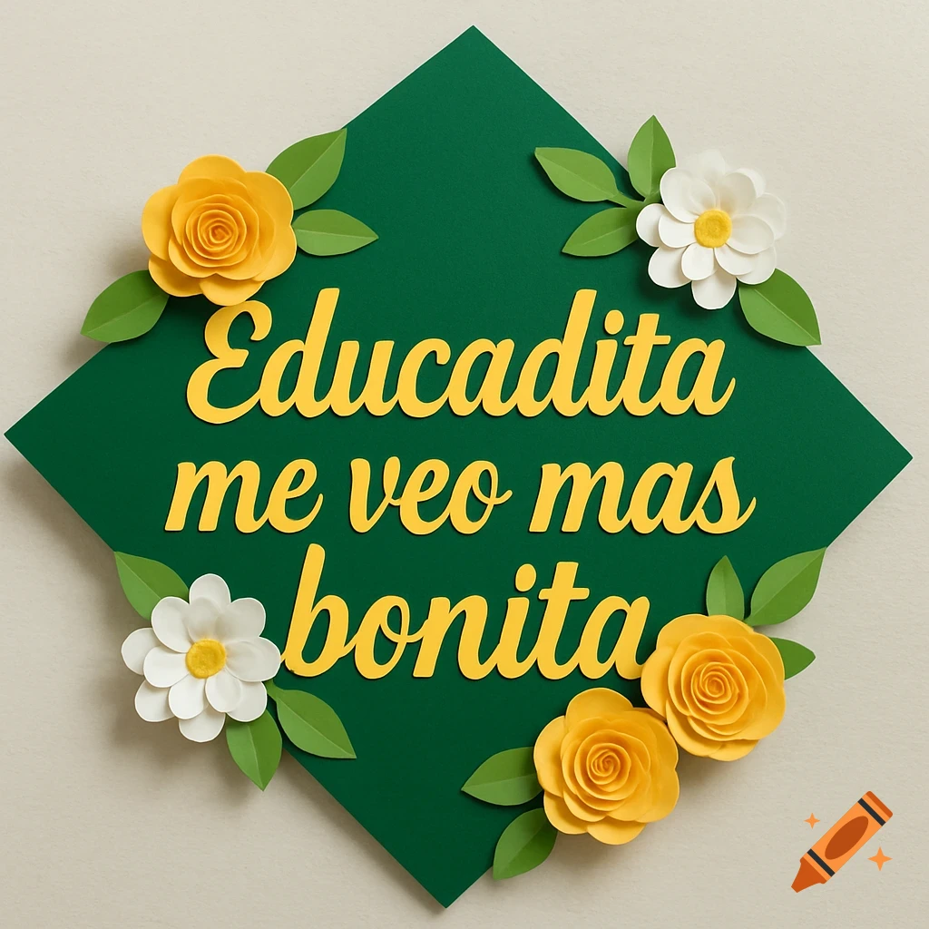 Green graduation cap topper with yellow text and paper flowers