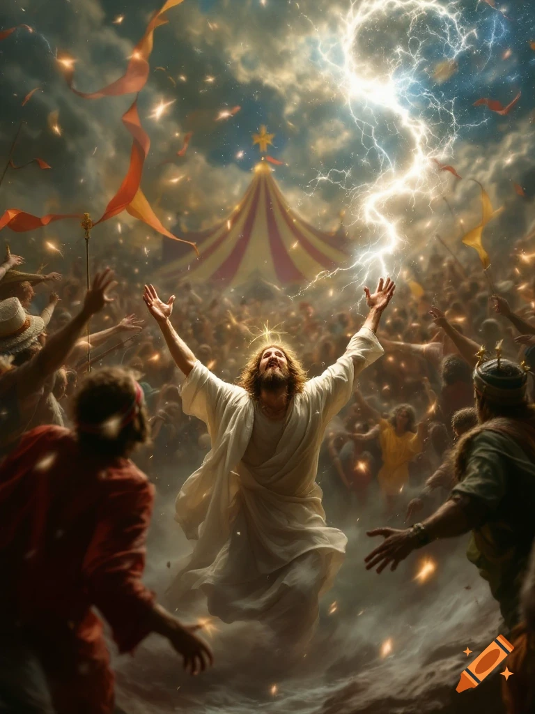 Jesus with raised arms under lightning above a circus tent, surrounded by a crowd.