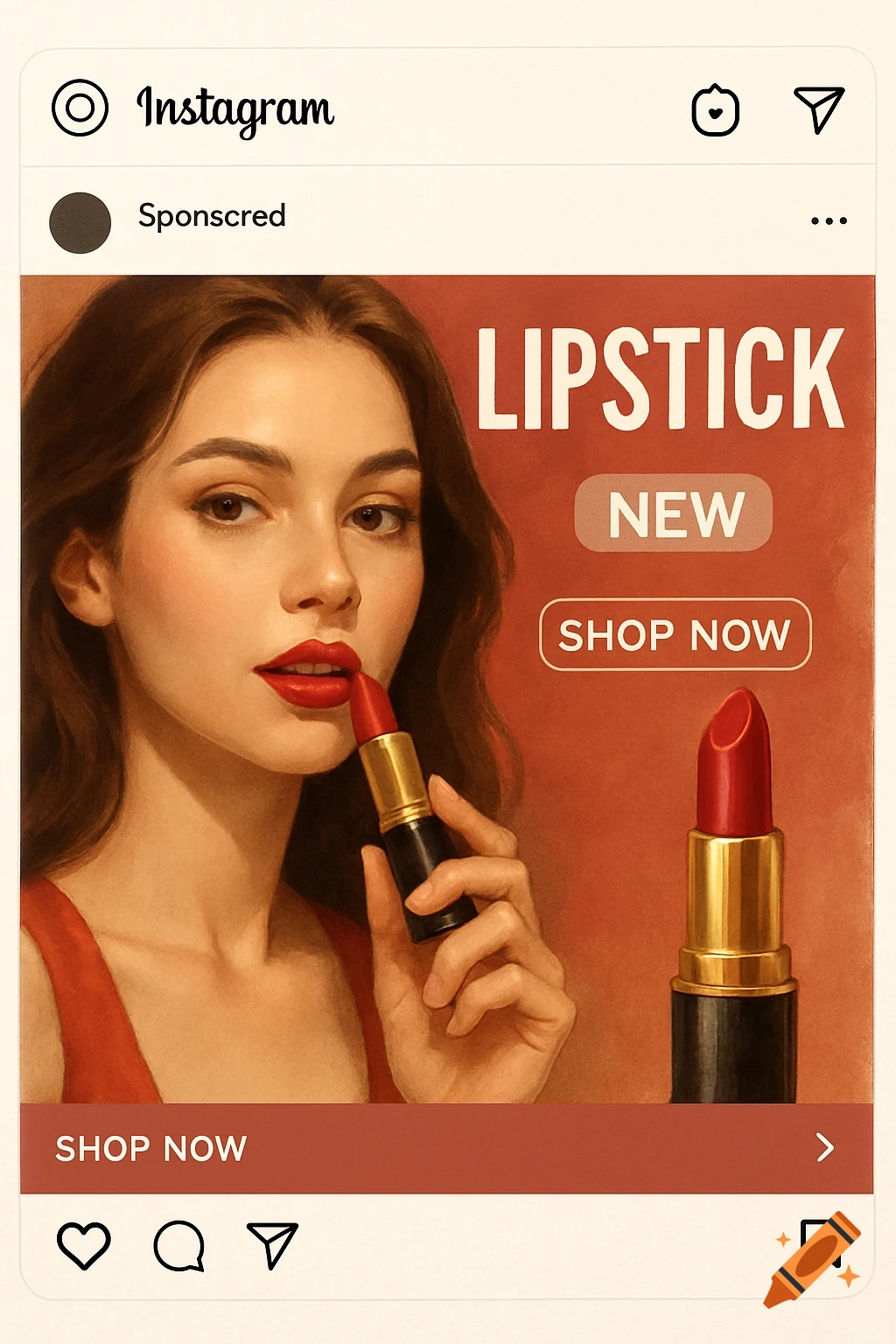 Instagram ad featuring a woman applying red lipstick, with text like LIPSTICK and SHOP NOW.