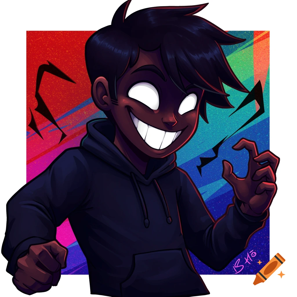 Cartoon illustration of a person with white eyes, wide grin, and black hoodie against a colorful background.