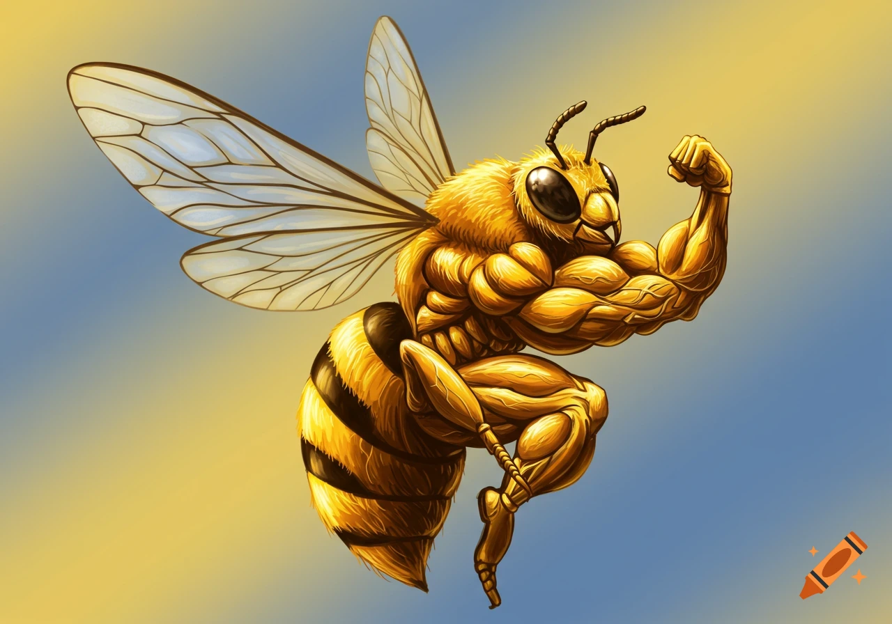 An illustration of a highly muscular bee flexing its biceps.