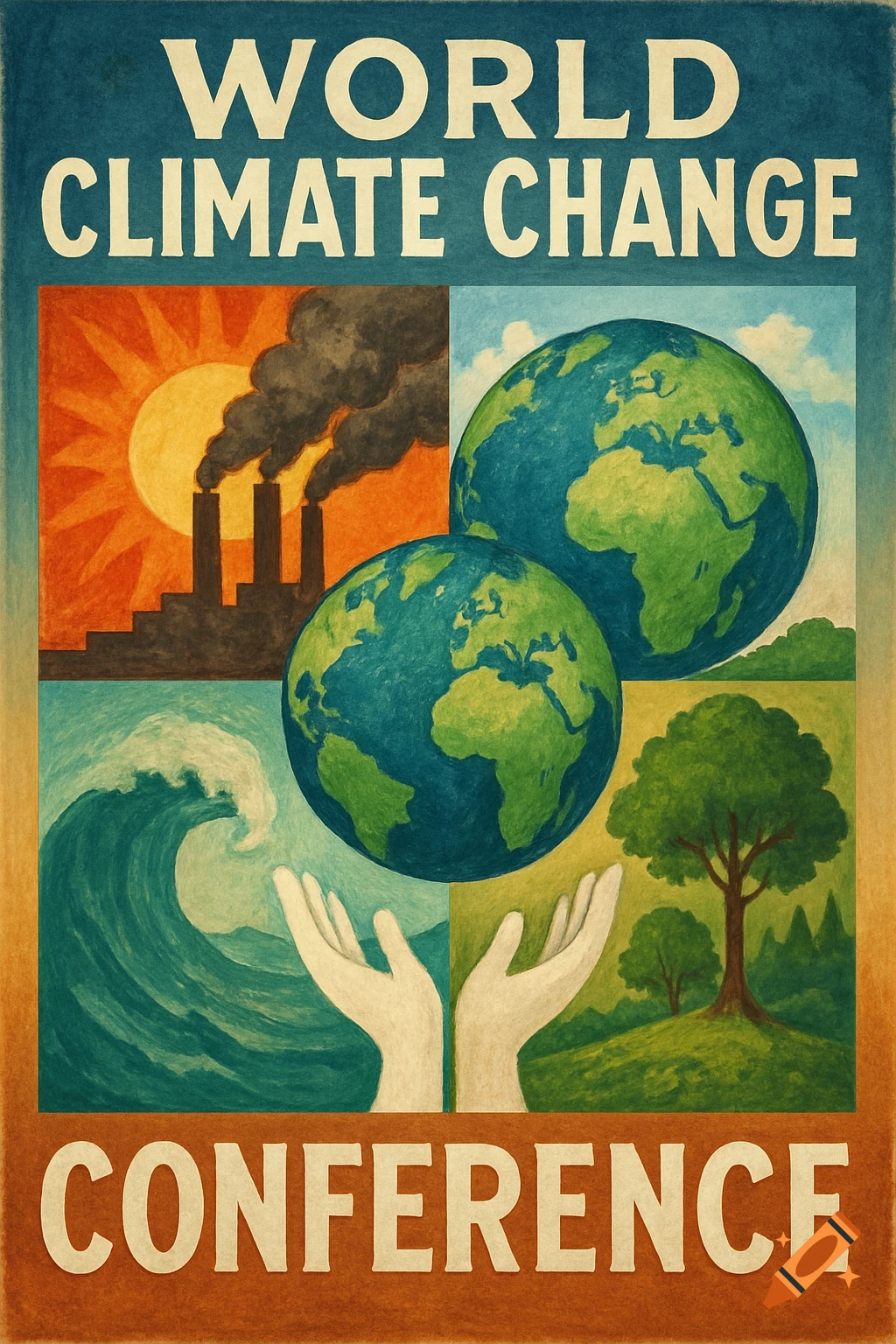 Poster about climate change with illustrations of pollution, globes, waves, hands, and a tree. Text reads 'WORLD CLIMATE CHANGE CONFERENCE'.