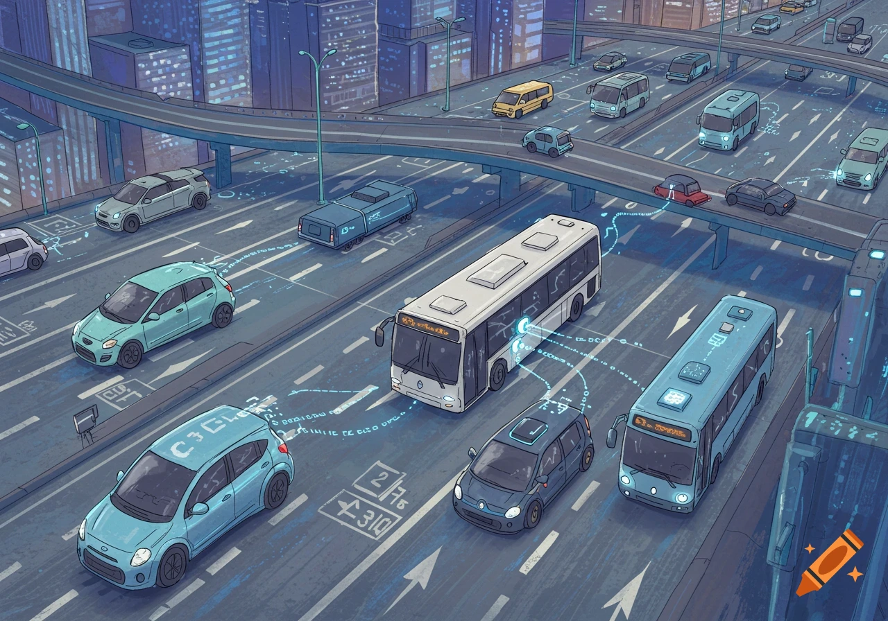 Illustration of futuristic vehicles on a city highway system at night.
