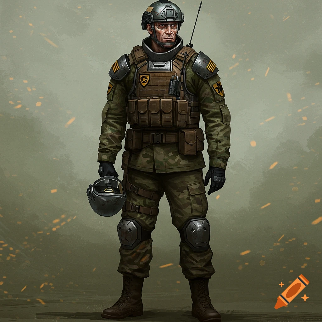 Full body illustration of a soldier in camouflage uniform and armor, holding a helmet, against a textured background.