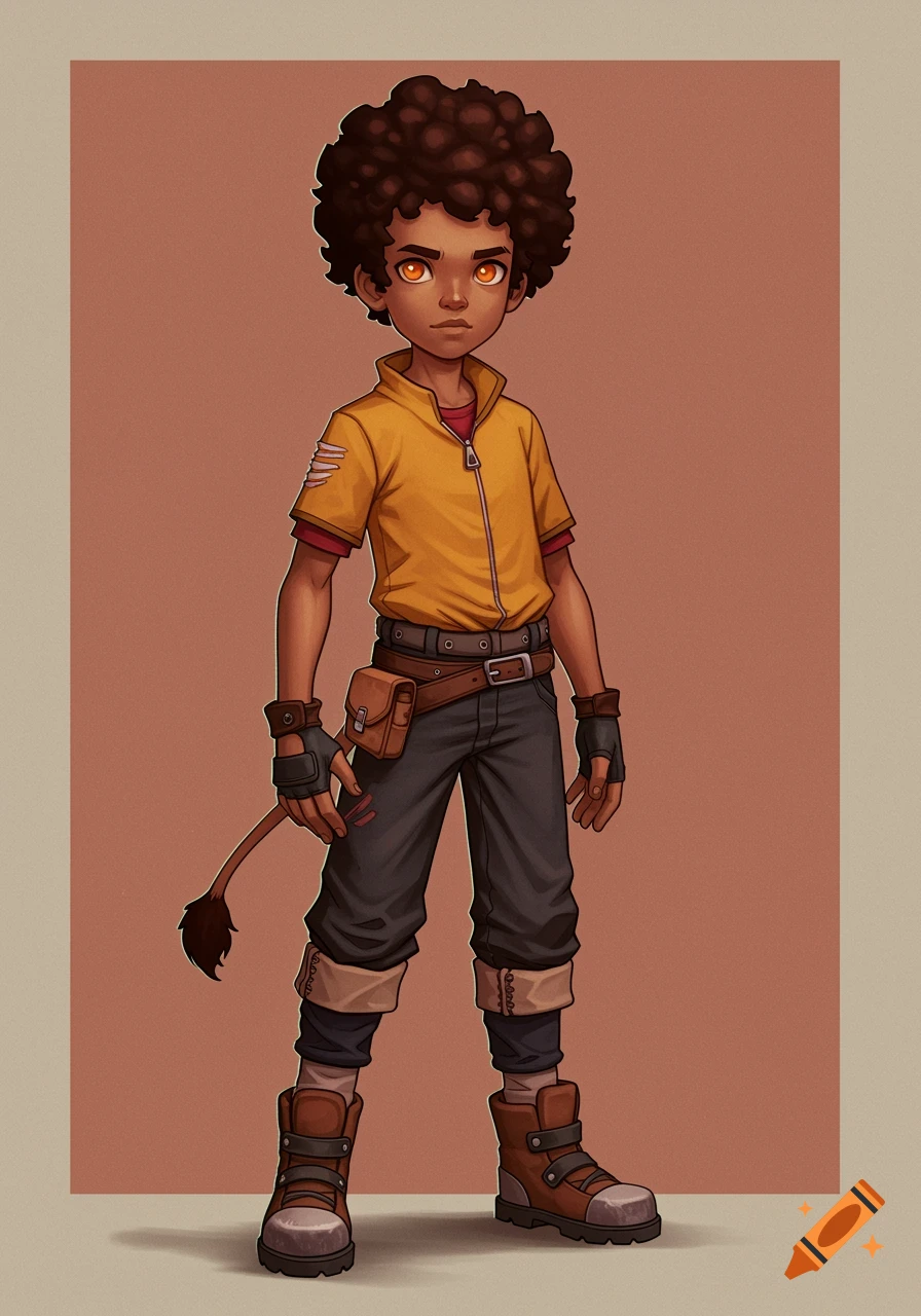 Stylized illustration of a young boy with dark curly hair, orange eyes, a tail, wearing a yellow jacket and gear.