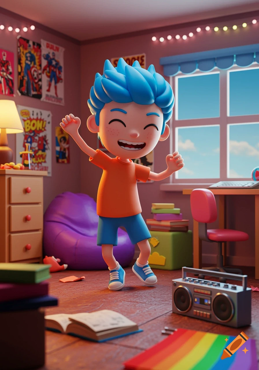 3D cartoon boy dancing happily in his colorful bedroom with posters and a boombox