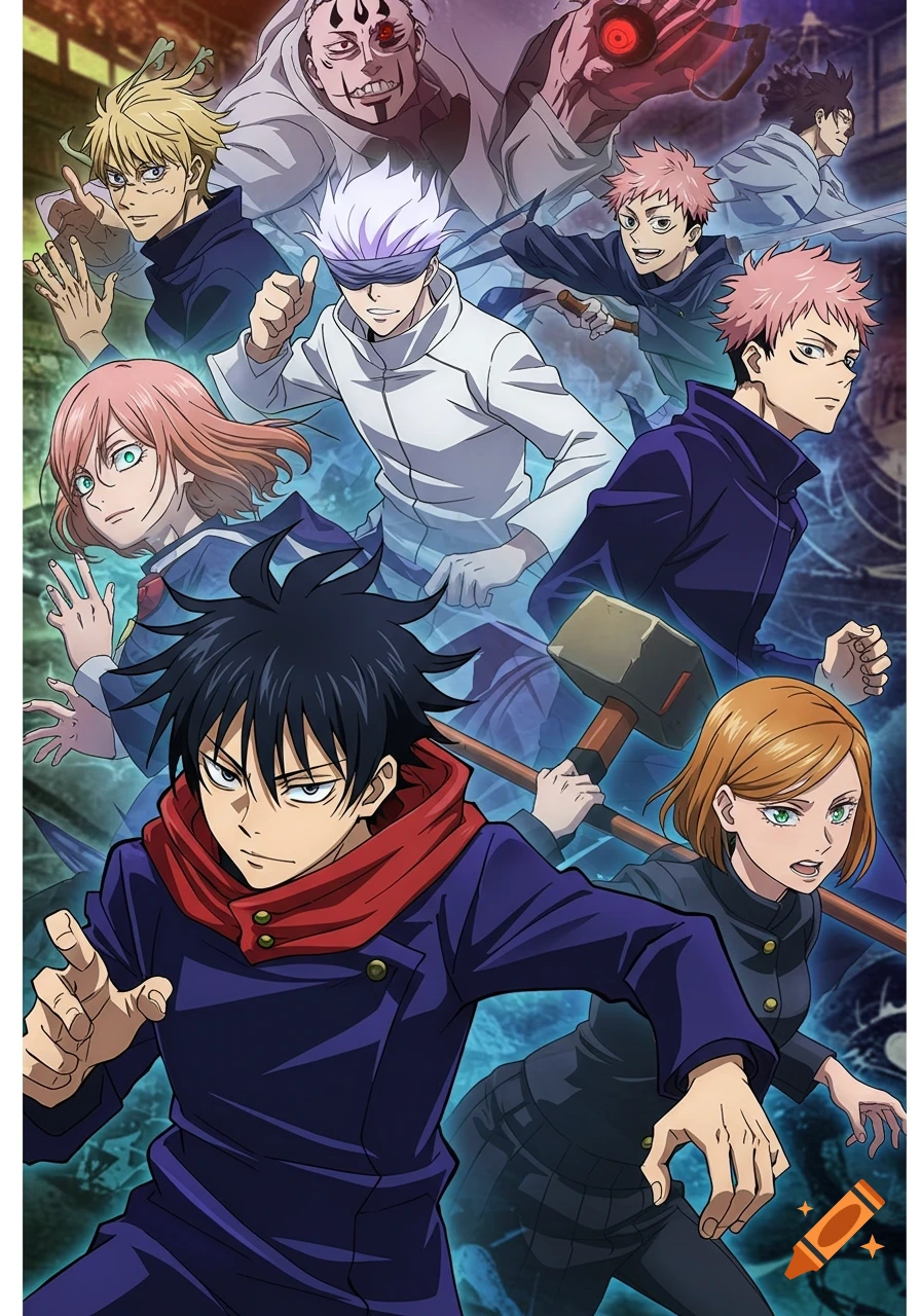 A dynamic group illustration of characters from the anime Jujutsu Kaisen in action poses.