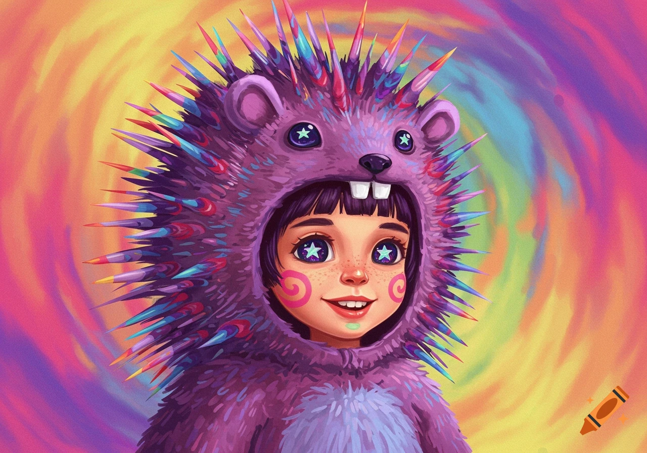 Illustration of a child in a colorful porcupine costume against a swirling background.