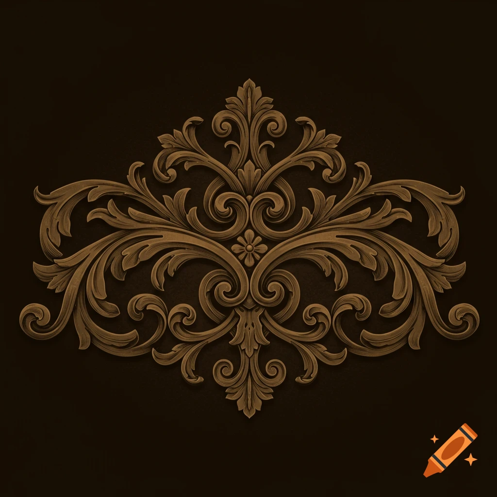 An ornate, symmetrical brown scroll pattern engraving on a dark background.