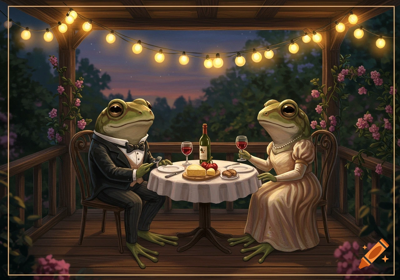 Illustration of two anthropomorphic frogs in formal attire having a romantic dinner on a porch lit by string lights.