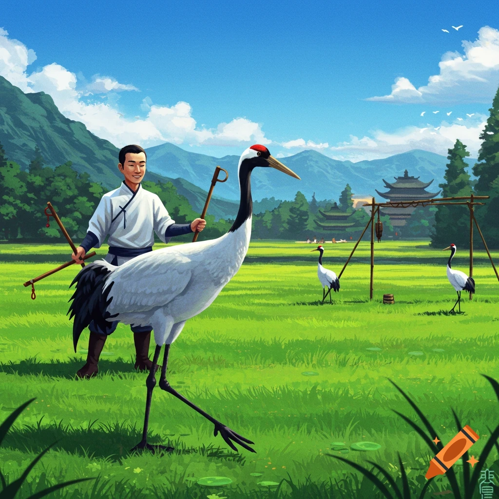 Painting of a man training cranes in a field with mountains and a building in the background.