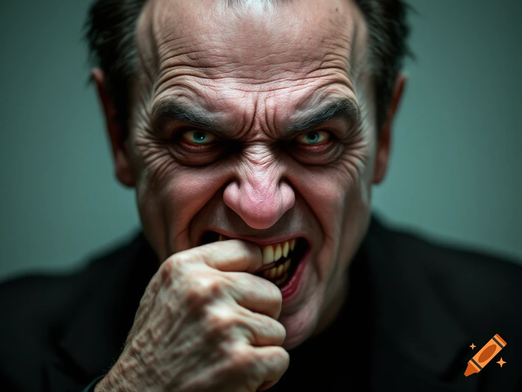 Close-up portrait of a man with an intense, angry expression, biting his finger dramatically.
